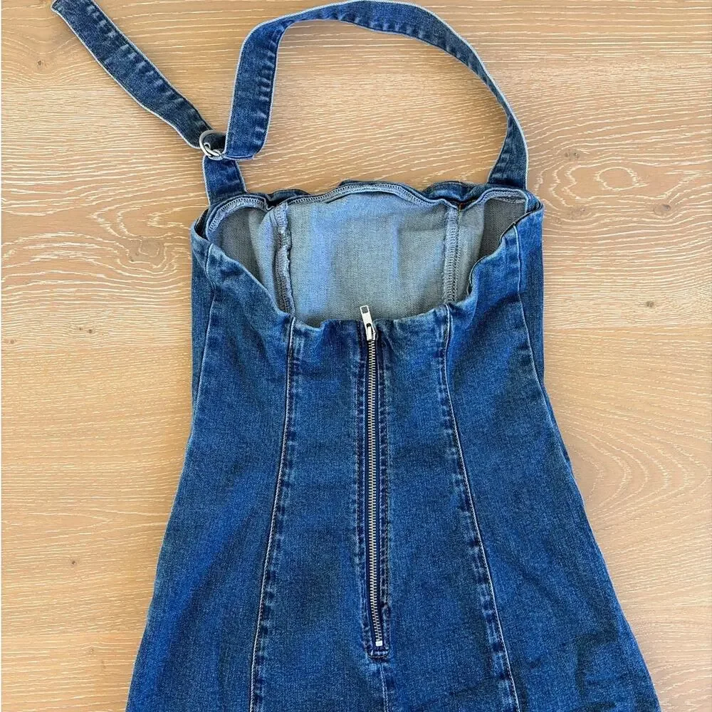 Showpo Denim Mini Dress Halter Neck Peggy Size US 4 Blue - Picture 4 of 7